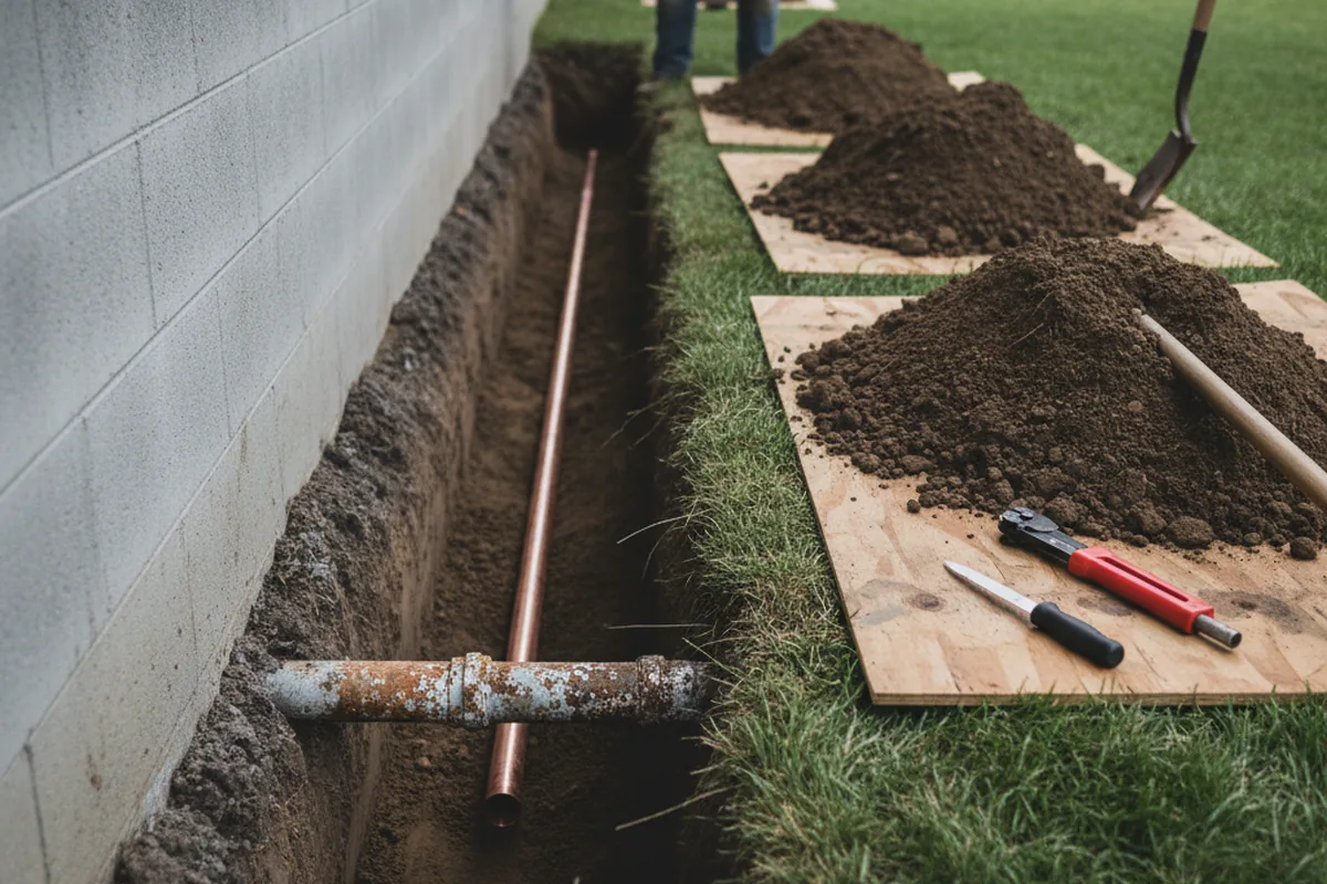 Excavated water line trench during Sewer Line Repair in Washta